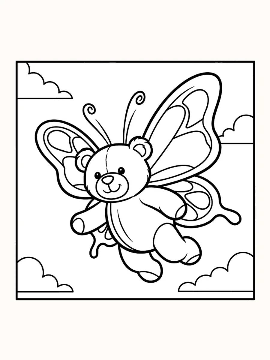 Ausmalbild eines Teddybären mit großen Schmetterlingsflügeln, bereit zum Ausdrucken.