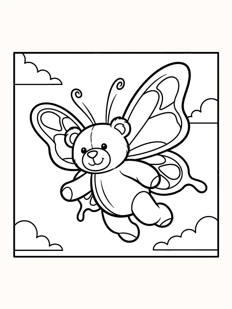 Ausmalbild eines Teddybären mit großen Schmetterlingsflügeln, bereit zum Ausdrucken.