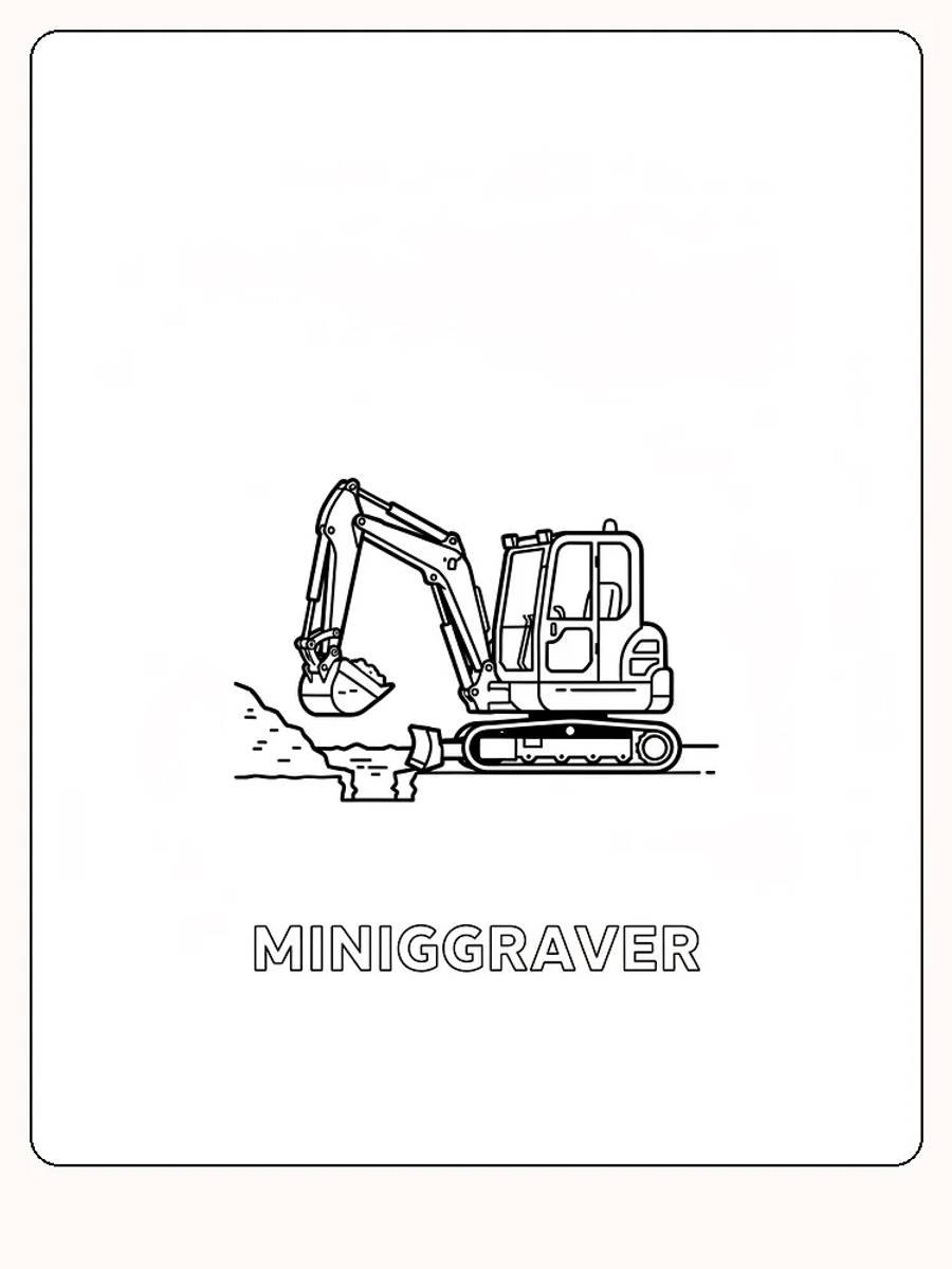 Tegning til farvelægning af en minigraver i arbejde, klar til print