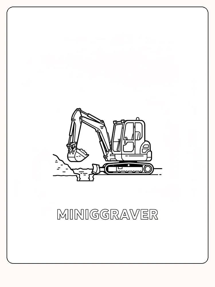 Tegning til farvelægning af en minigraver i arbejde, klar til print