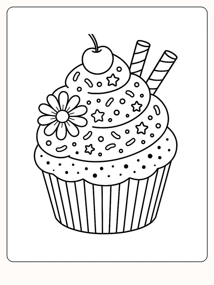 Fargeleggingsbilde av en muffins med kirsebær og blomst, klar for utskrift
