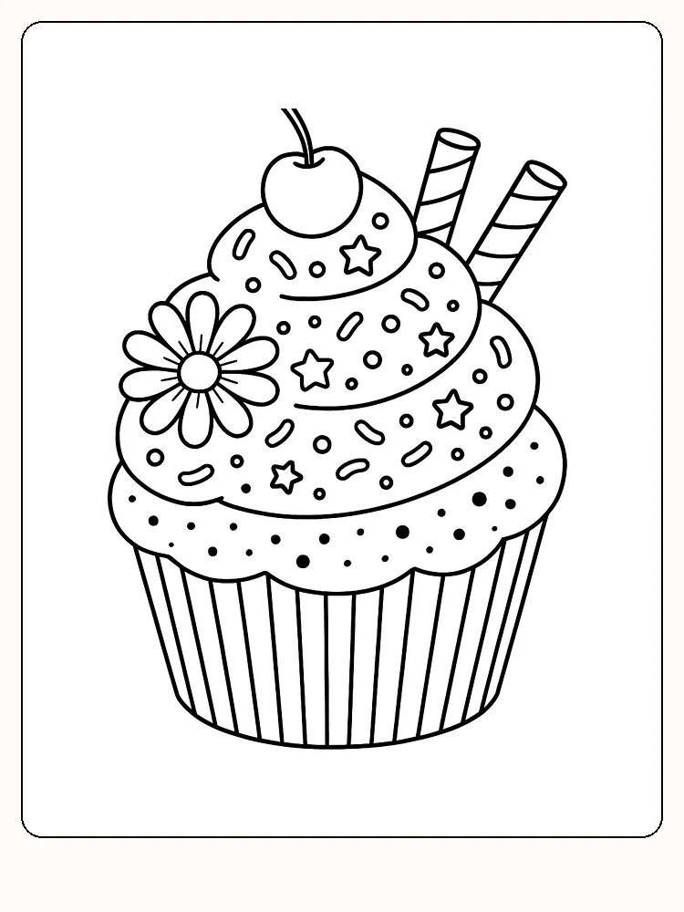 Fargeleggingsbilde av en muffins med kirsebær og blomst, klar for utskrift