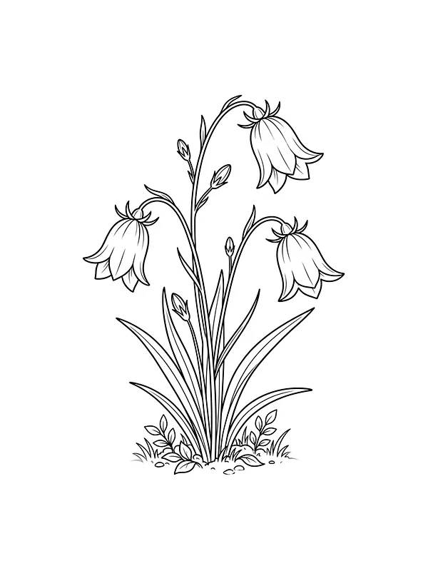 Tre blåklokkeblomster på tynne stilker