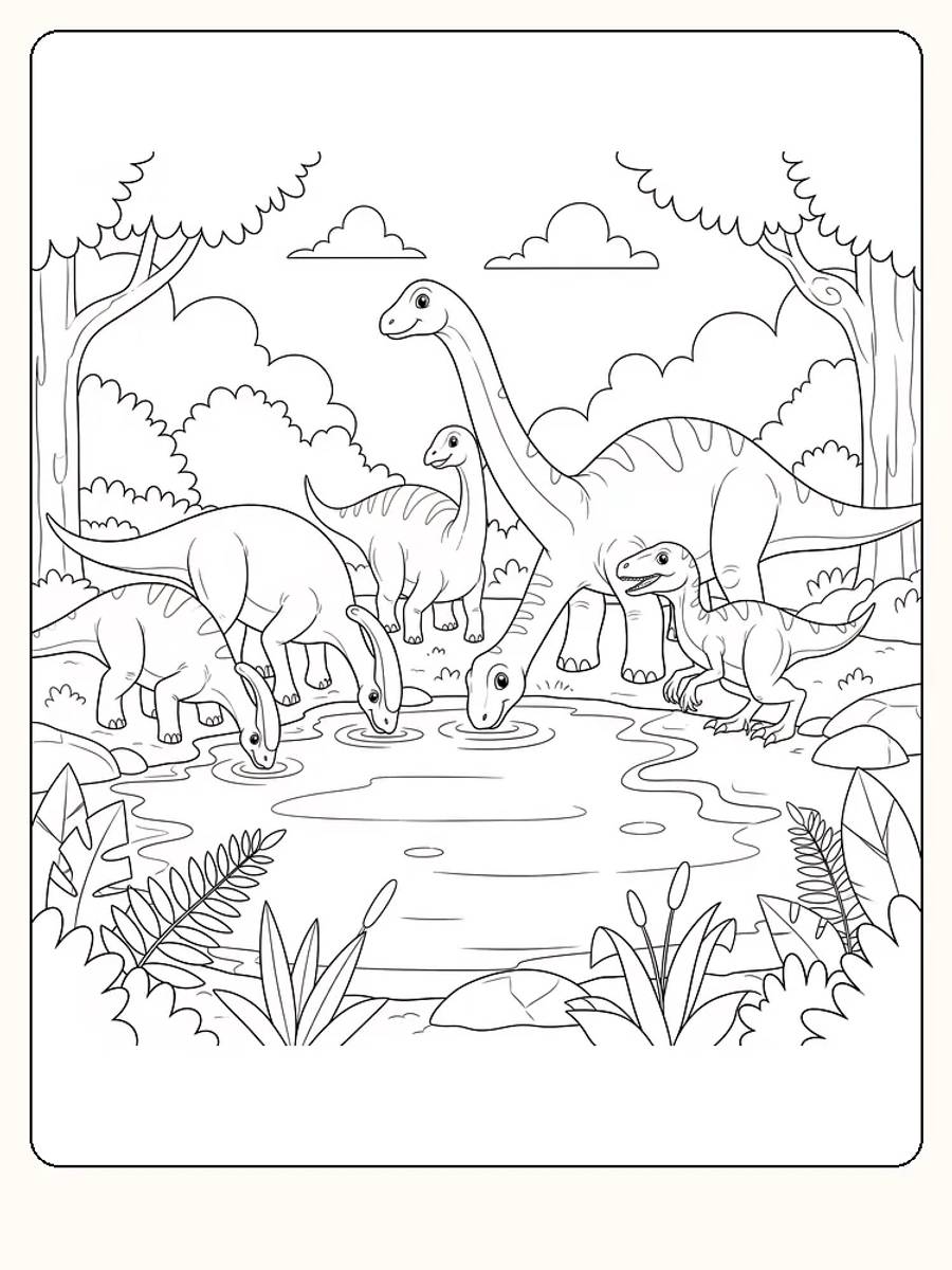 Fargeleggingstegning av dinosaurer som drikker vann ved et vannhull i skogen