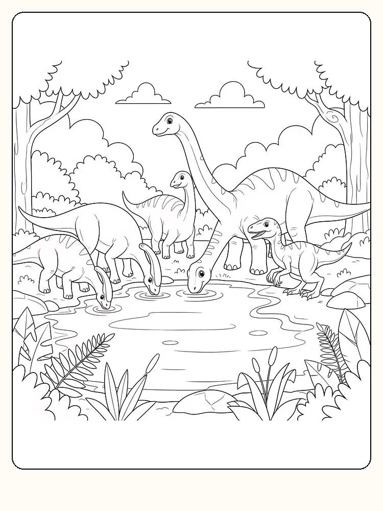Fargeleggingstegning av dinosaurer som drikker vann ved et vannhull i skogen