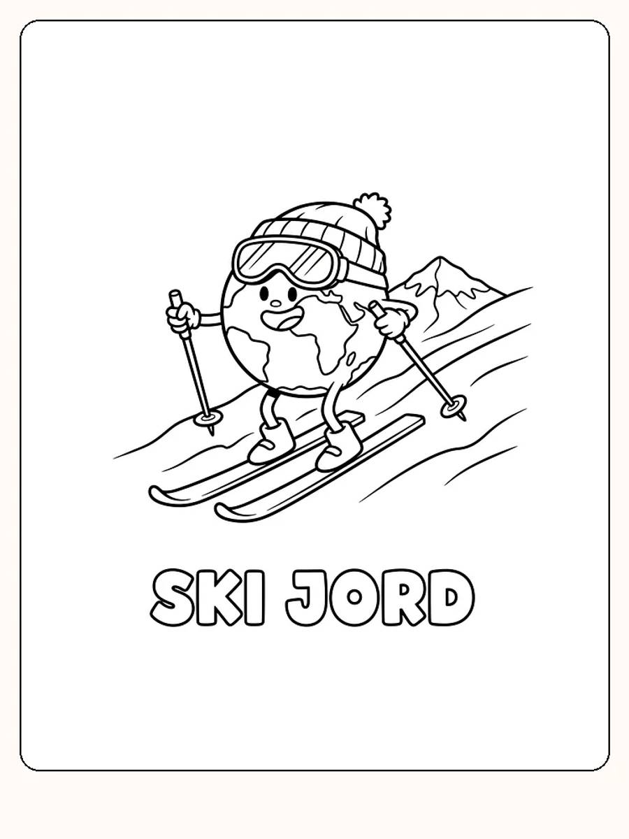 Tegning til farvelægning af jordklode, der står på ski med hue og briller, klar til print
