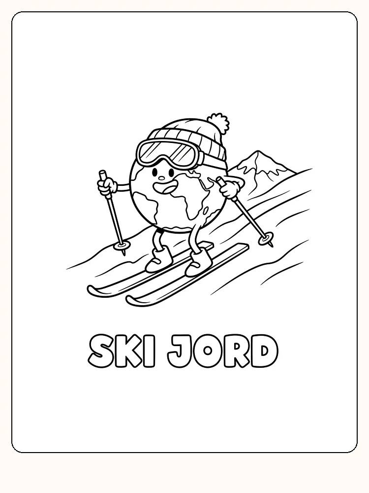Tegning til farvelægning af jordklode, der står på ski med hue og briller, klar til print