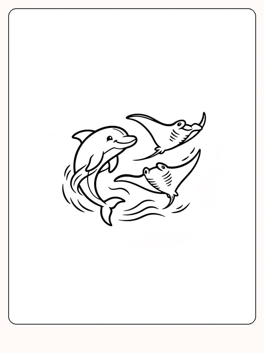 Tegning til farvelægning af en delfin, der svømmer med to rokker, klar til print