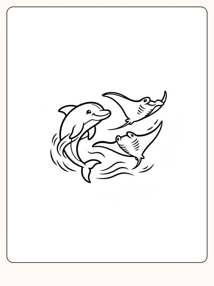 Tegning til farvelægning af en delfin, der svømmer med to rokker, klar til print