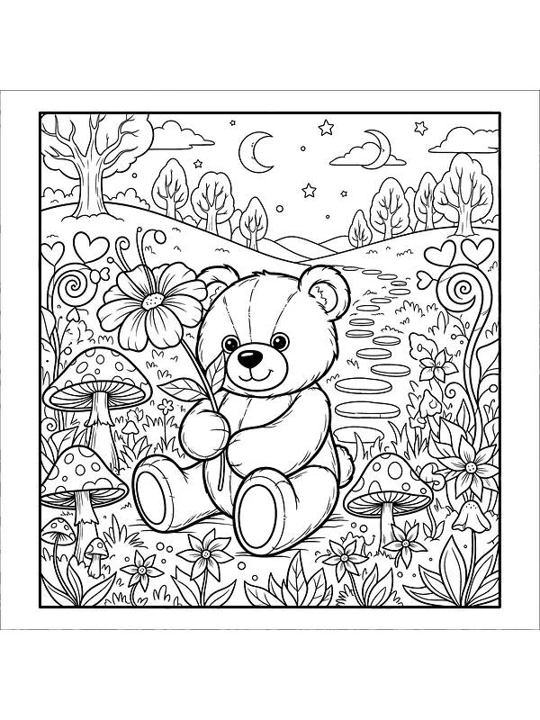 Teddybär hält eine Blume draußen