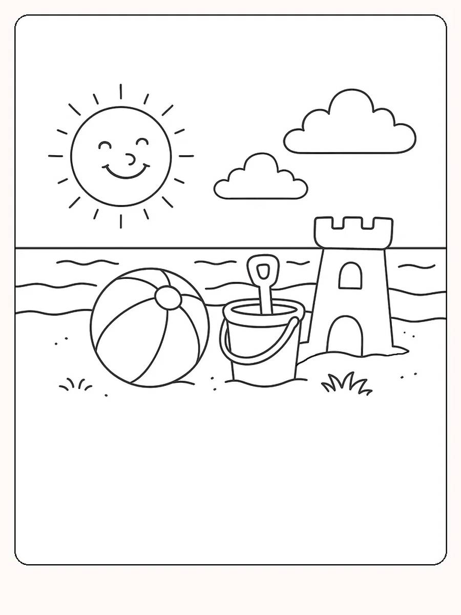 Fargeleggingstegning av strandscene med sol, strandslott, ball og bøtte