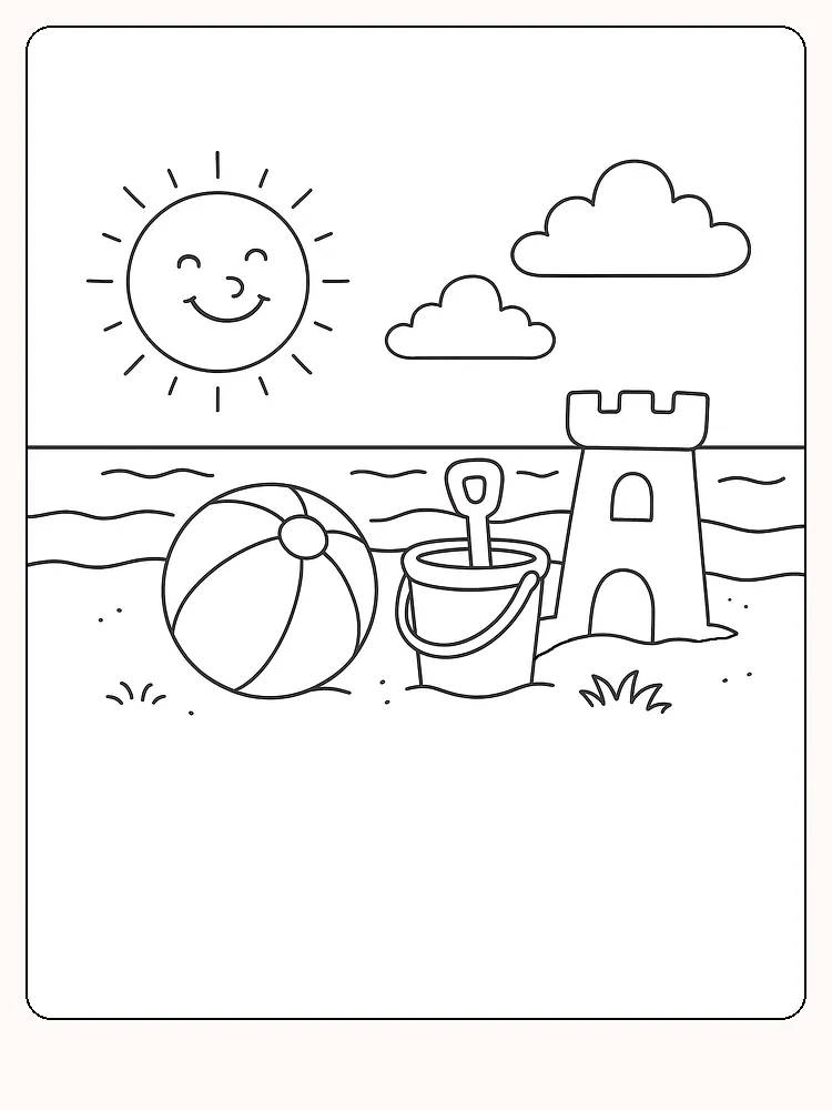 Fargeleggingstegning av strandscene med sol, strandslott, ball og bøtte