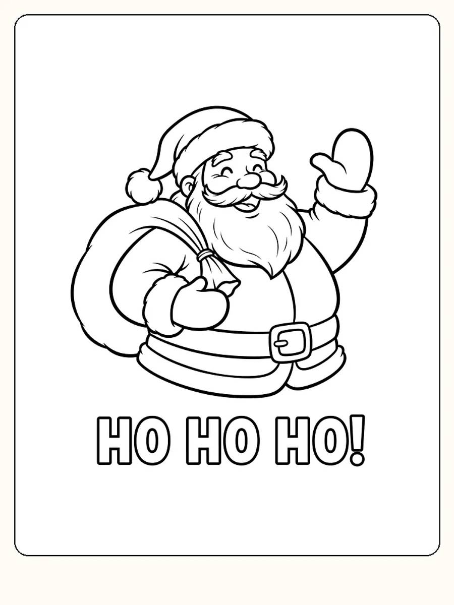 Tegning til farvelægning af en smilende julemand med sæk og teksten 'Ho Ho Ho', klar til print