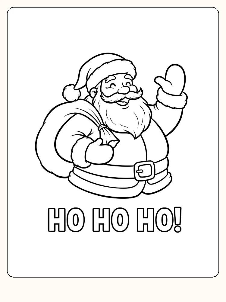 Tegning til farvelægning af en smilende julemand med sæk og teksten 'Ho Ho Ho', klar til print