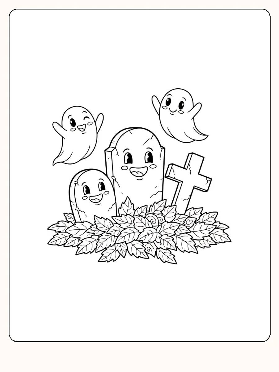 Farvelægning af glade spøgelser rundt om gravsten og kors, perfekt til halloweendekoration