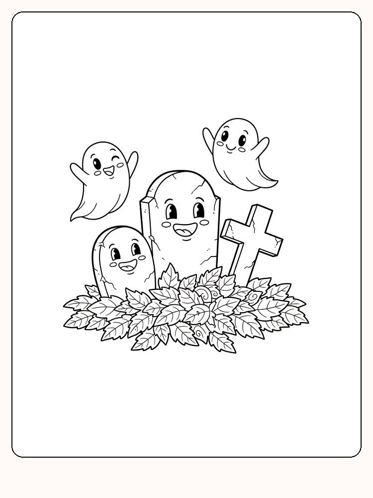 Farvelægning af glade spøgelser rundt om gravsten og kors, perfekt til halloweendekoration