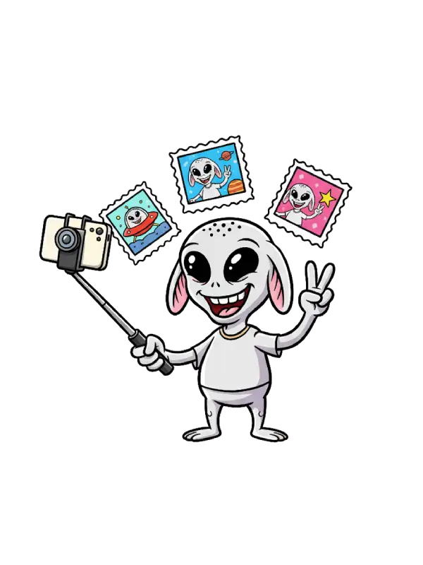 alien som tar en selfie med bilder i bakgrunden som han precis har tagit