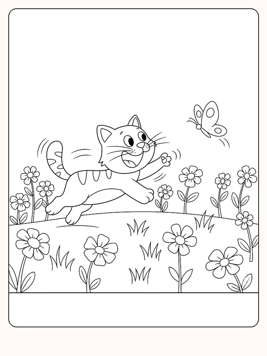 Fargeleggingstegning av katt som jager sommerfugl på en blomstereng