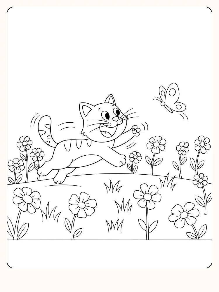 Fargeleggingstegning av katt som jager sommerfugl på en blomstereng