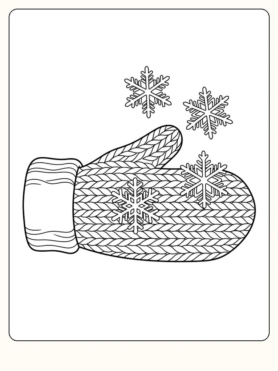 Grande moufle tricotée posée à plat, avec deux flocons de neige sur la moufle et deux qui tombent au-dessus