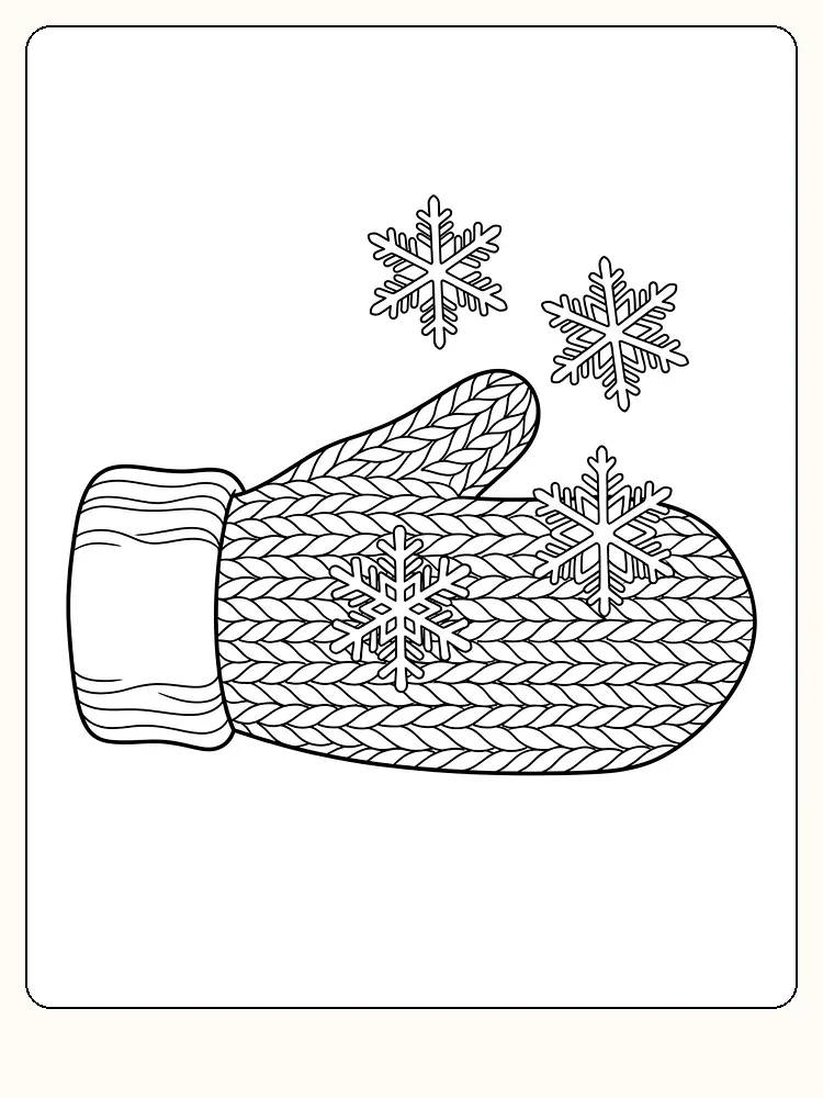 Grande moufle tricotée posée à plat, avec deux flocons de neige sur la moufle et deux qui tombent au-dessus