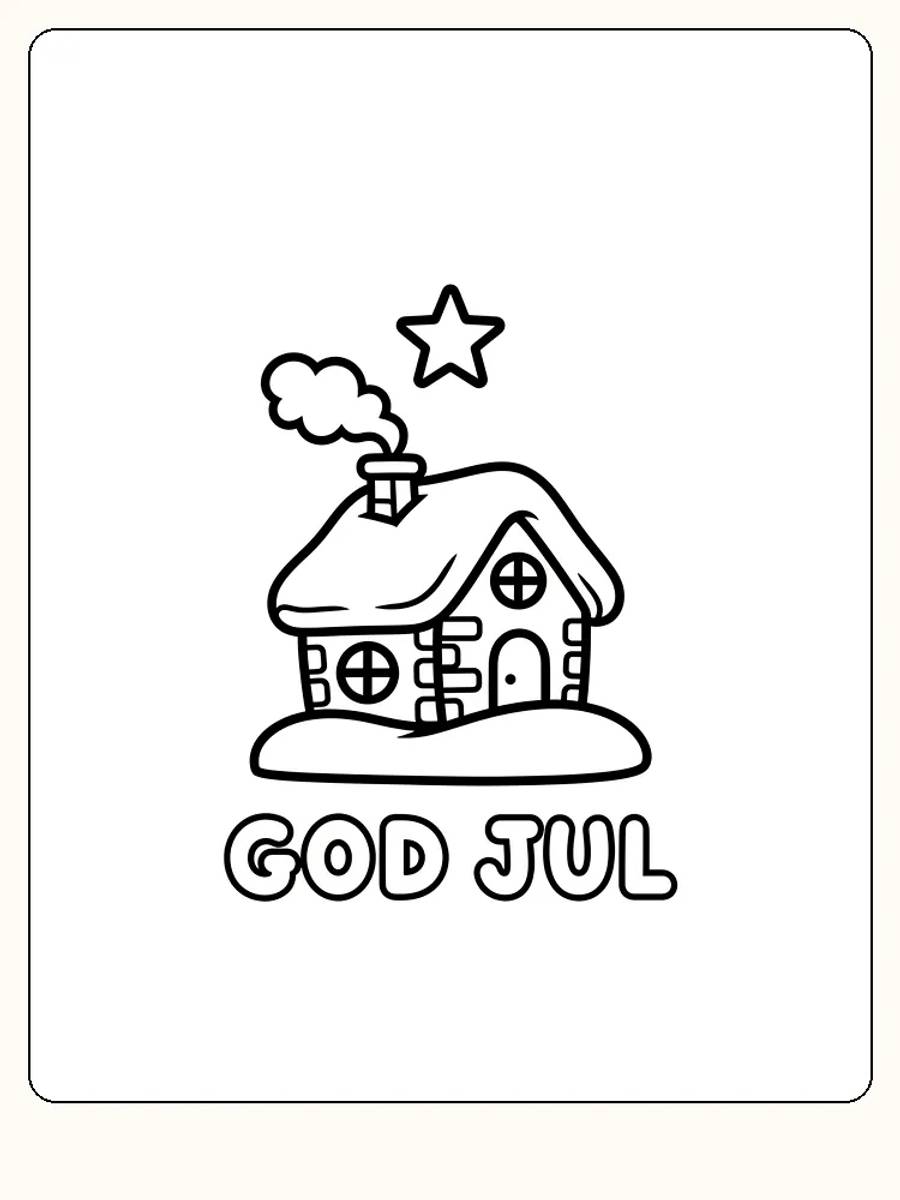 Fargeleggingstegning av en koselig julestue med stjerne og teksten 'God Jul' for utskrift