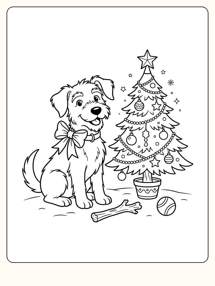 Glad hund med stor sløjfe sidder ved et pyntet juletræ i en potte, med en gnavet pind og en bold foran