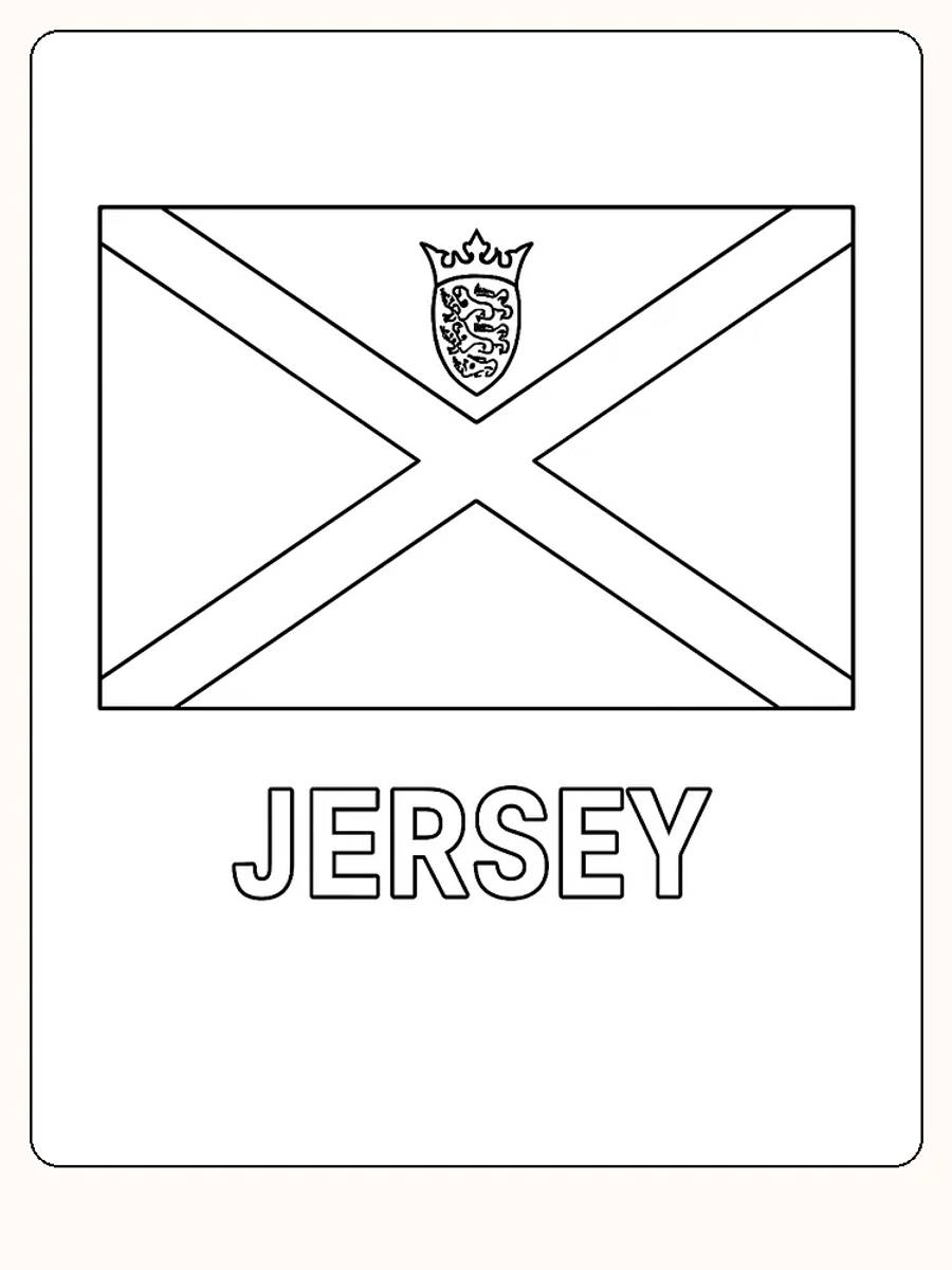 Jersey-Flagge mit rotem diagonalen Kreuzdesign und Wappen, bereit zum Ausmalen