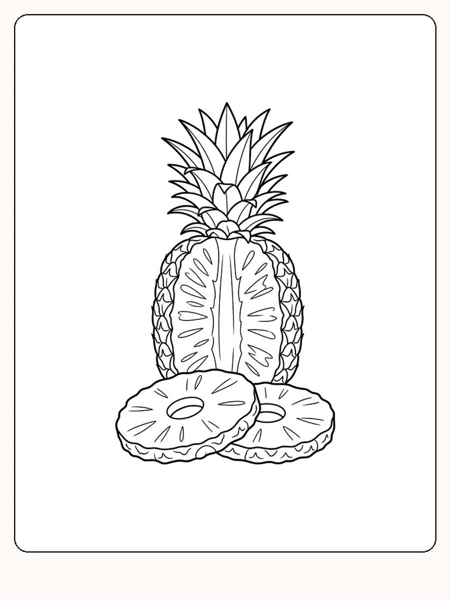 Frukt i form av en halv ananas med bladkrone og synlig kjerne, med to runde ananasskiver foran, på hvit bakgrunn