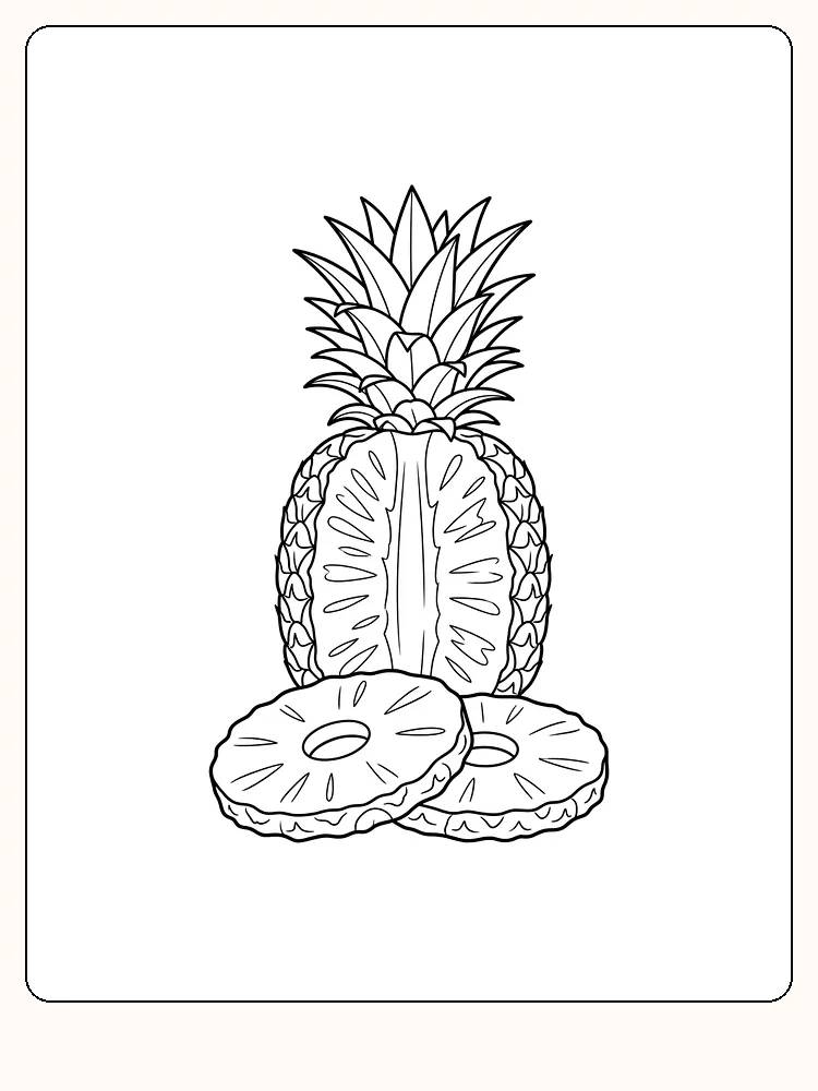Frukt i form av en halv ananas med bladkrone og synlig kjerne, med to runde ananasskiver foran, på hvit bakgrunn