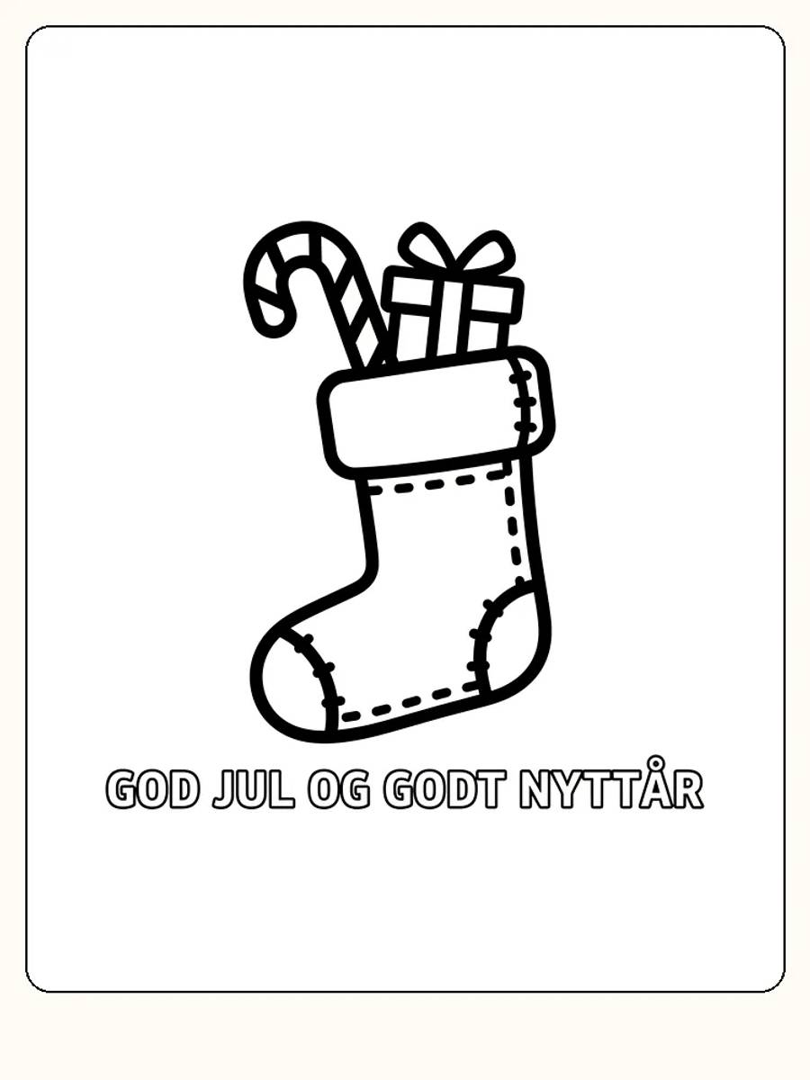 Fargeleggingsbilde av en julestrømpe med gave og sukkertøy, med teksten 'God Jul og Godt Nyttår'