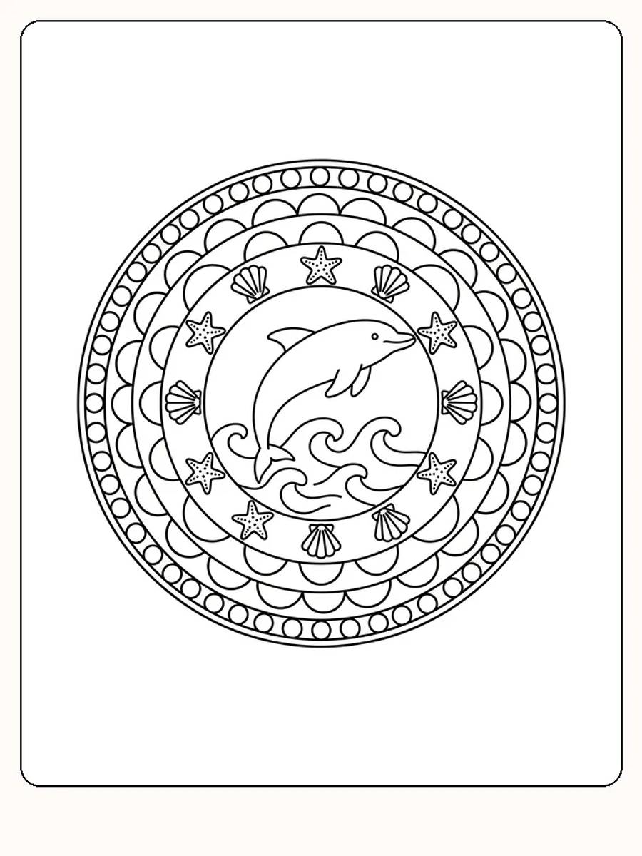 Tegning til farvelægning af delfin i rund mandala med stjerner og muslingeskaller, klar til print