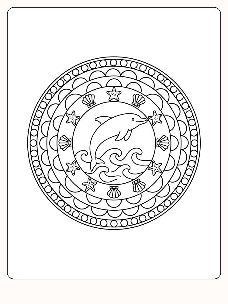 Tegning til farvelægning af delfin i rund mandala med stjerner og muslingeskaller, klar til print