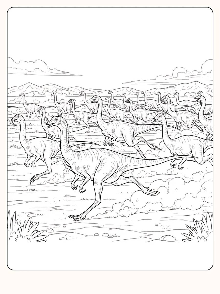 Fargeleggingstegning av en gruppe dinosaurer som løper gjennom et landskap, klar for nedlasting