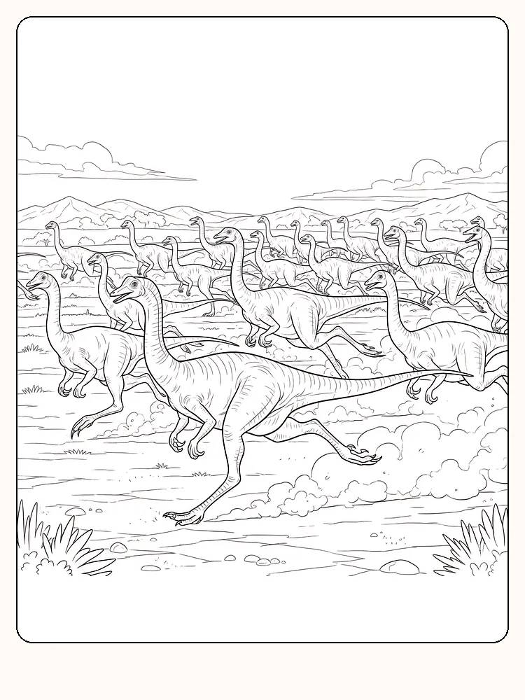 Fargeleggingstegning av en gruppe dinosaurer som løper gjennom et landskap, klar for nedlasting