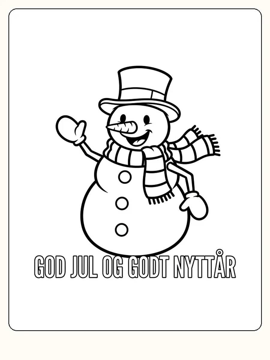 Fargeleggingsbilde av en snømann med høy hatt og skjerf, med teksten 'God Jul og Godt Nyttår', klar for utskrift