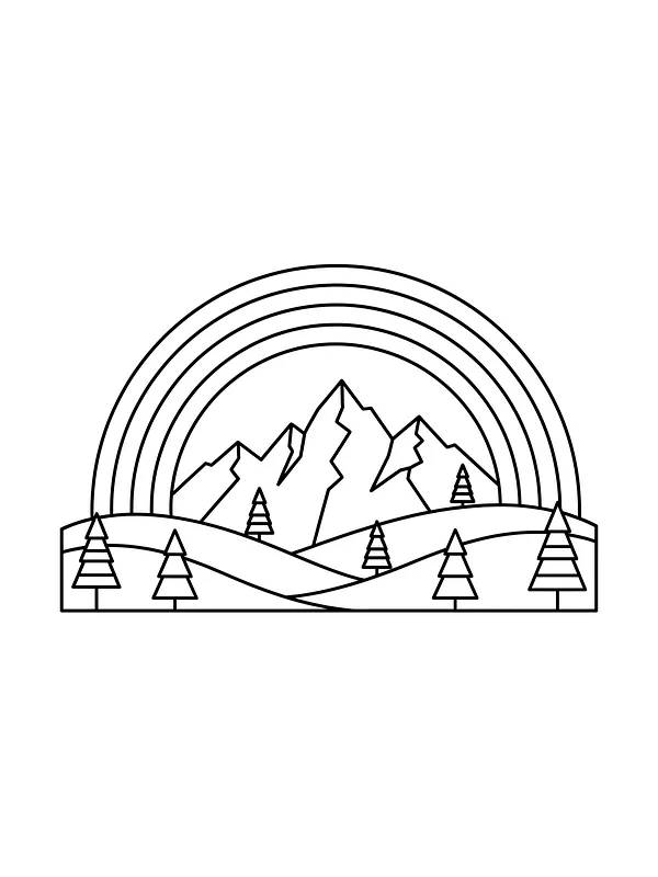 Fjell med regnbue og trær