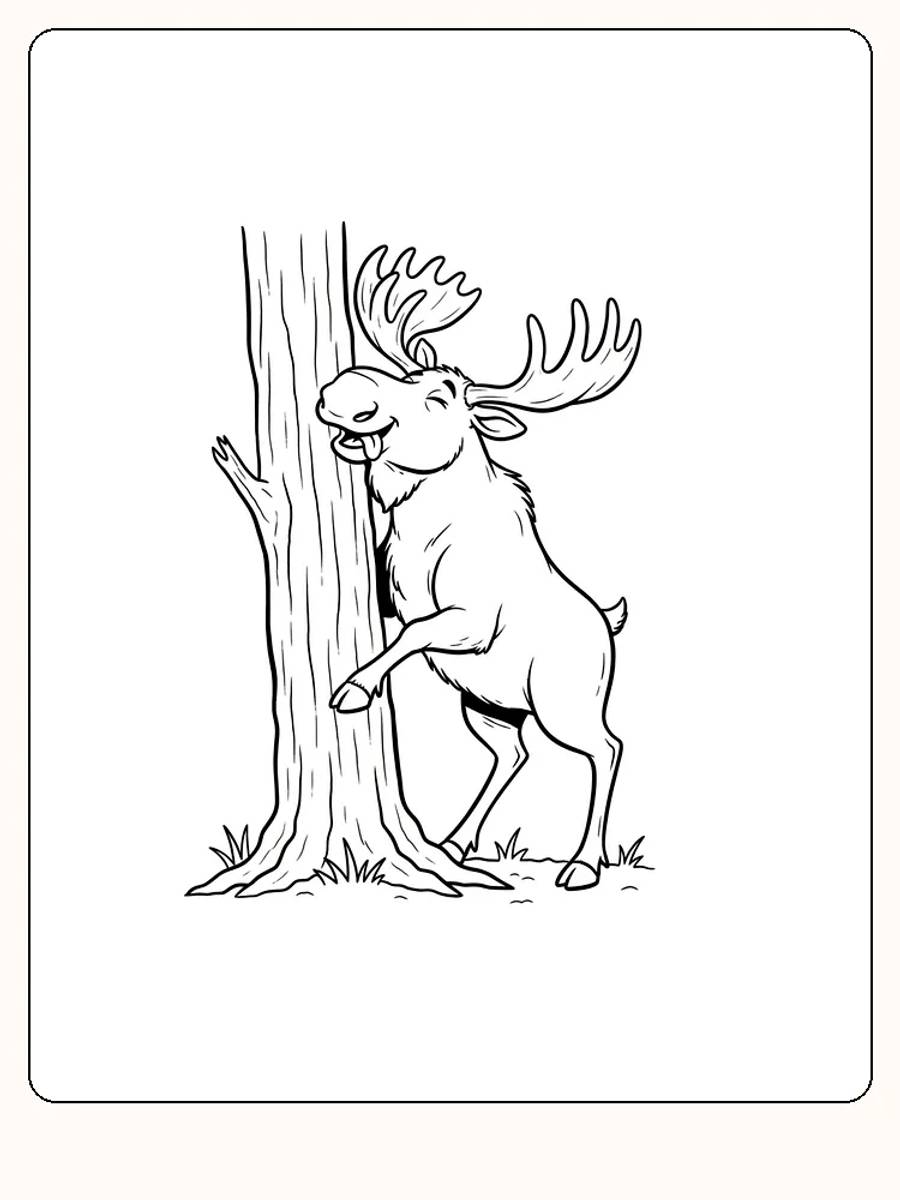 Tegning til farvelægning af en elg, der gnider sig mod et træ, klar til print