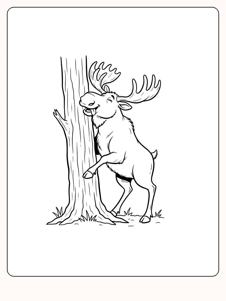 Tegning til farvelægning af en elg, der gnider sig mod et træ, klar til print