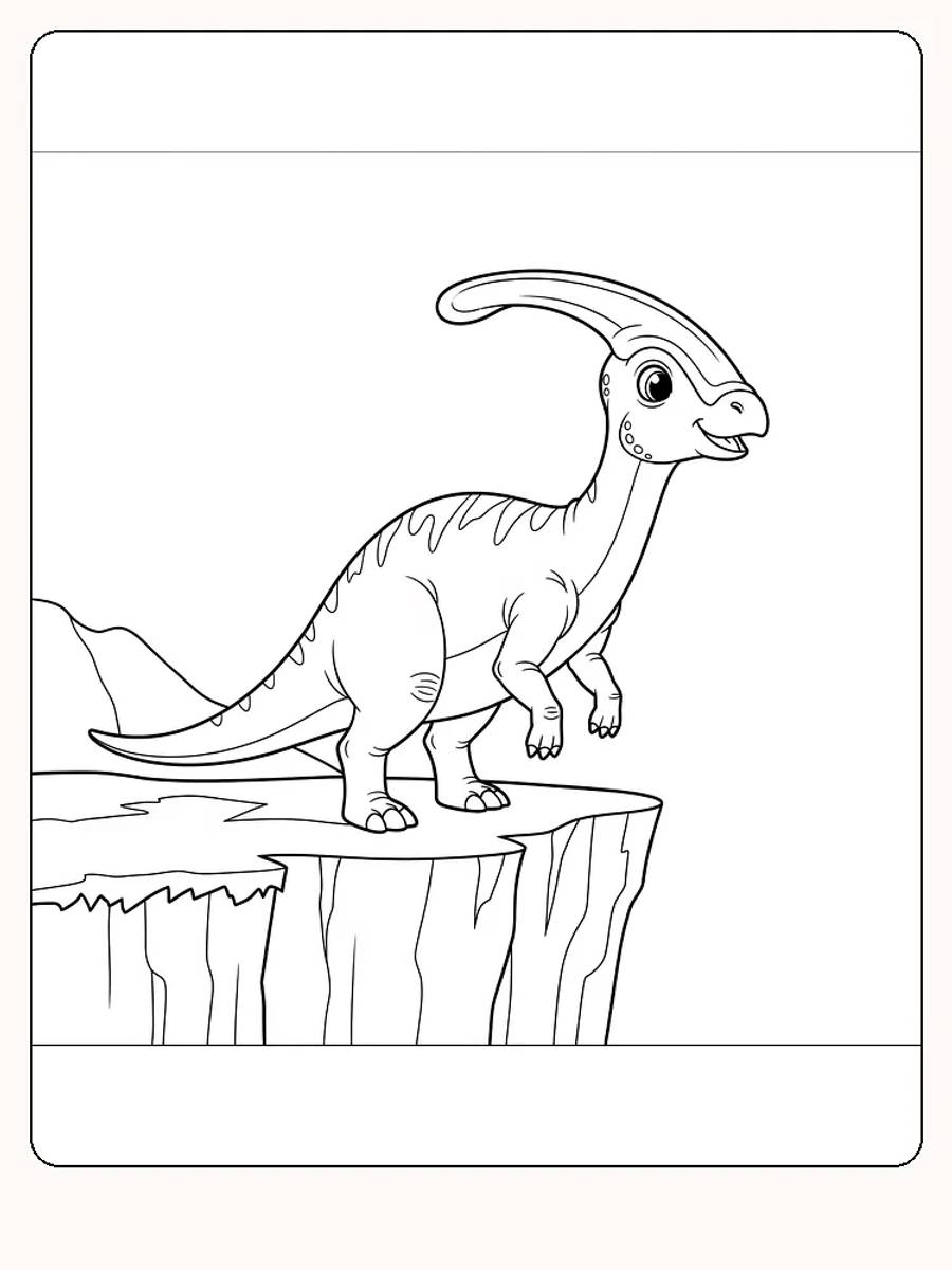Fargeleggingstegning av en Parasaurolophus på en klippe, klar for utskrift