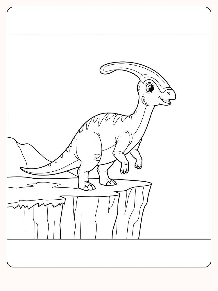 Fargeleggingstegning av en Parasaurolophus på en klippe, klar for utskrift
