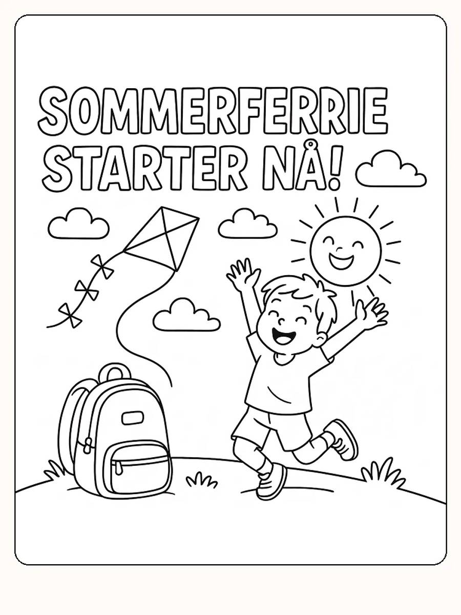 Fargeleggingsbilde av gutt som hopper av glede i sommerferien med drage og sol
