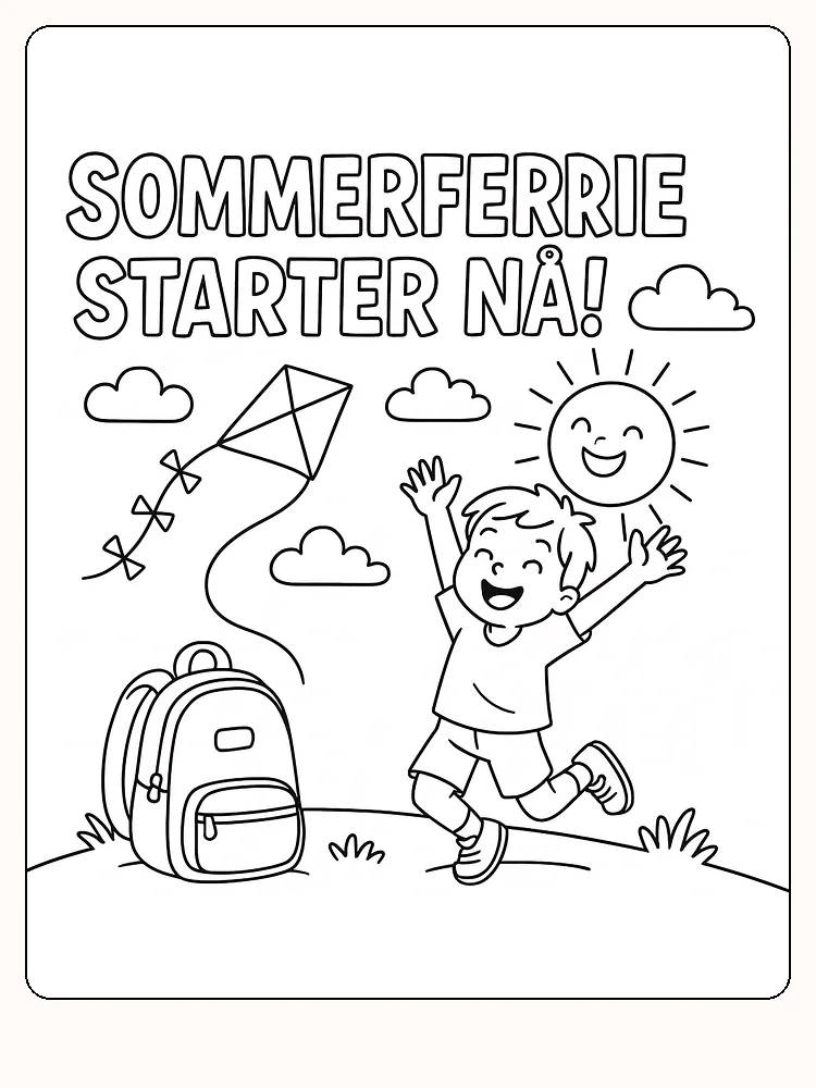 Fargeleggingsbilde av gutt som hopper av glede i sommerferien med drage og sol
