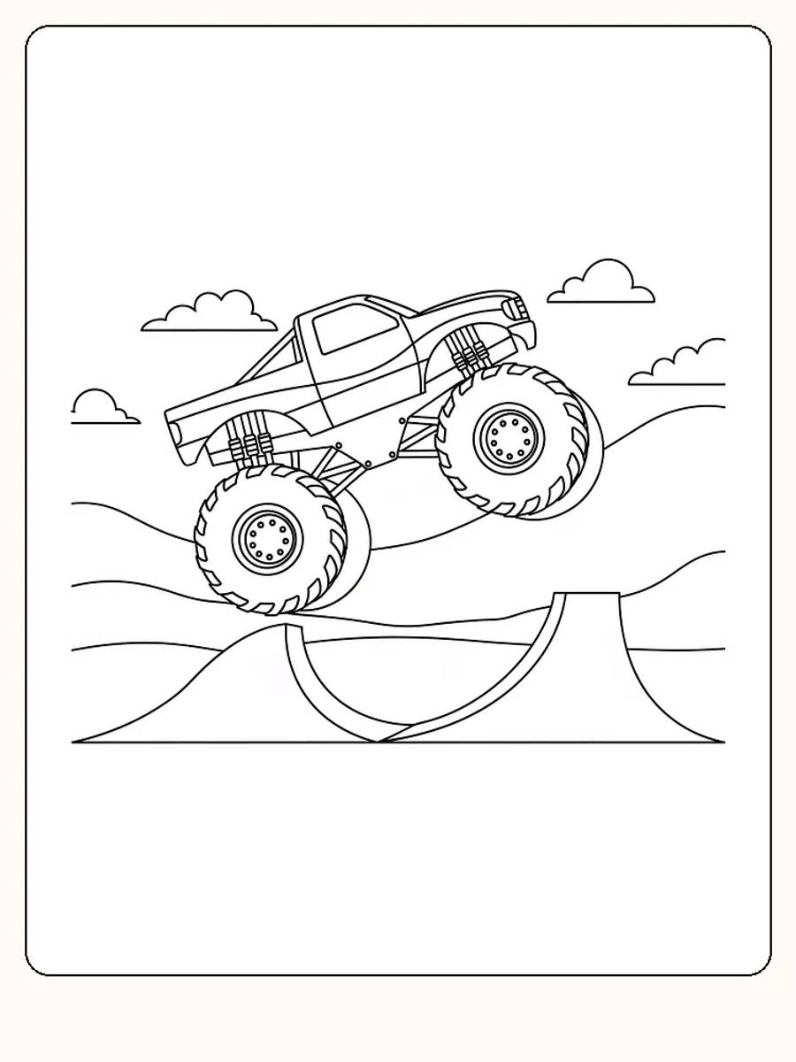 Fargeleggingstegning av monstertruck som hopper over en rampe. Flott for fargeleggingsentusiaster.