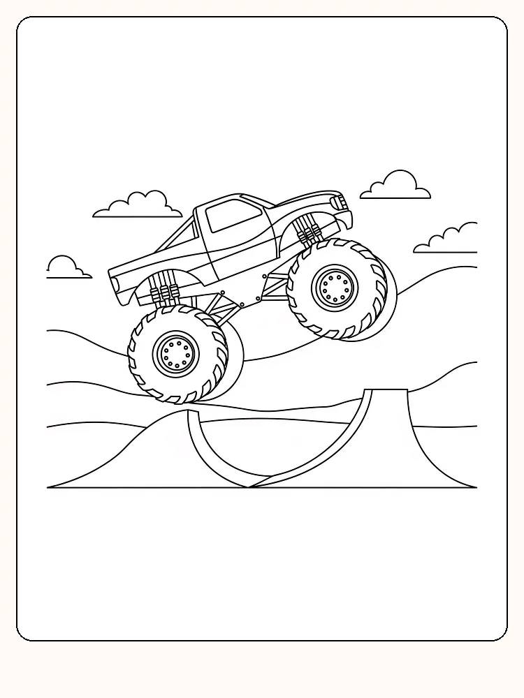 Fargeleggingstegning av monstertruck som hopper over en rampe. Flott for fargeleggingsentusiaster.