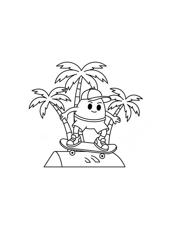 Figur på skateboard under palme