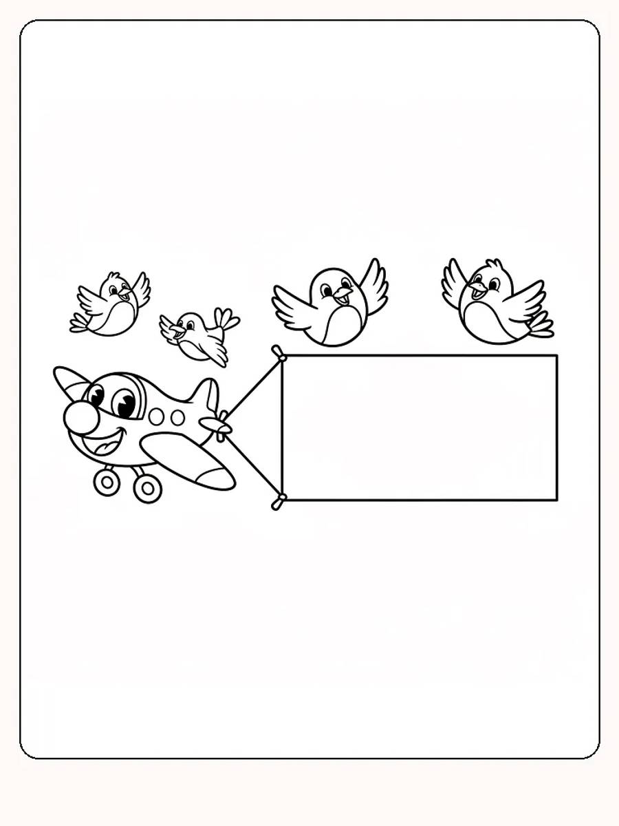 Målarbild av ett leende flygplan med fåglar som drar ett skylt.