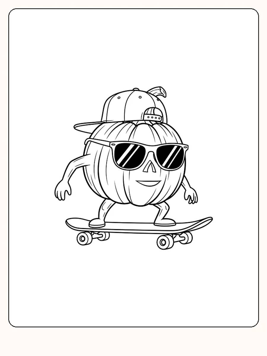 Tegning til farvelægning af et sejt græskar med solbriller og kasket på et skateboard