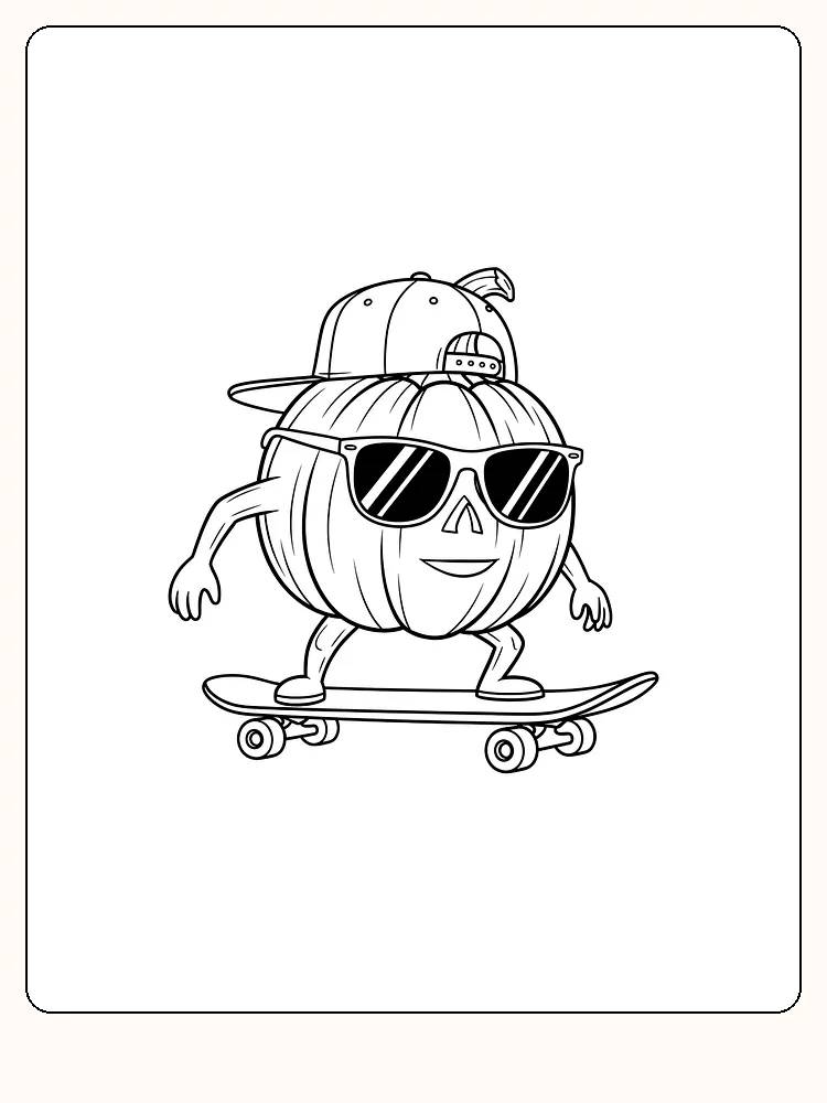 Tegning til farvelægning af et sejt græskar med solbriller og kasket på et skateboard