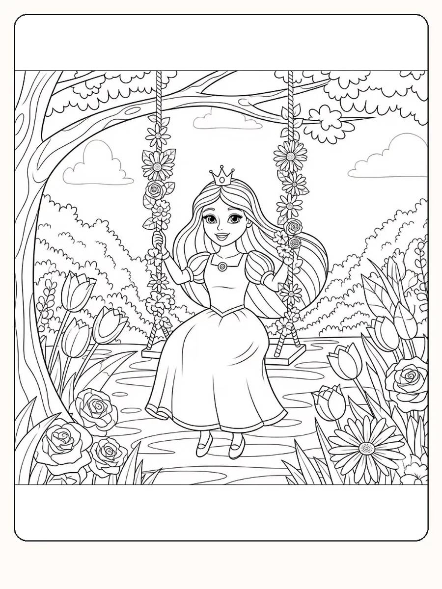 Fargeleggingstegning av prinsesse på huske omgitt av blomster, klar for nedlasting